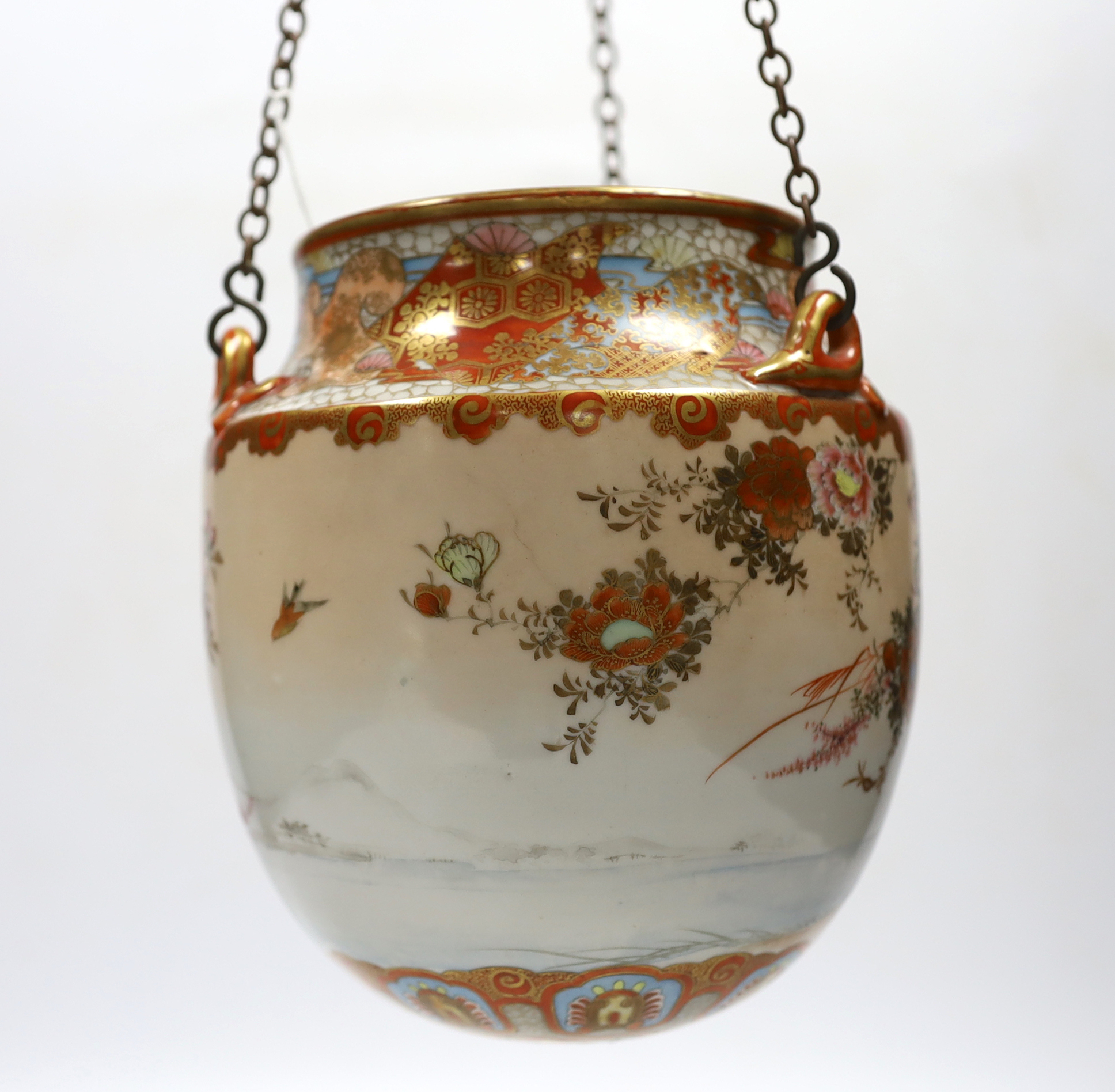 A Japanese Kutani hanging pot decorated with birds and flowers, Meiji period, 49cm high